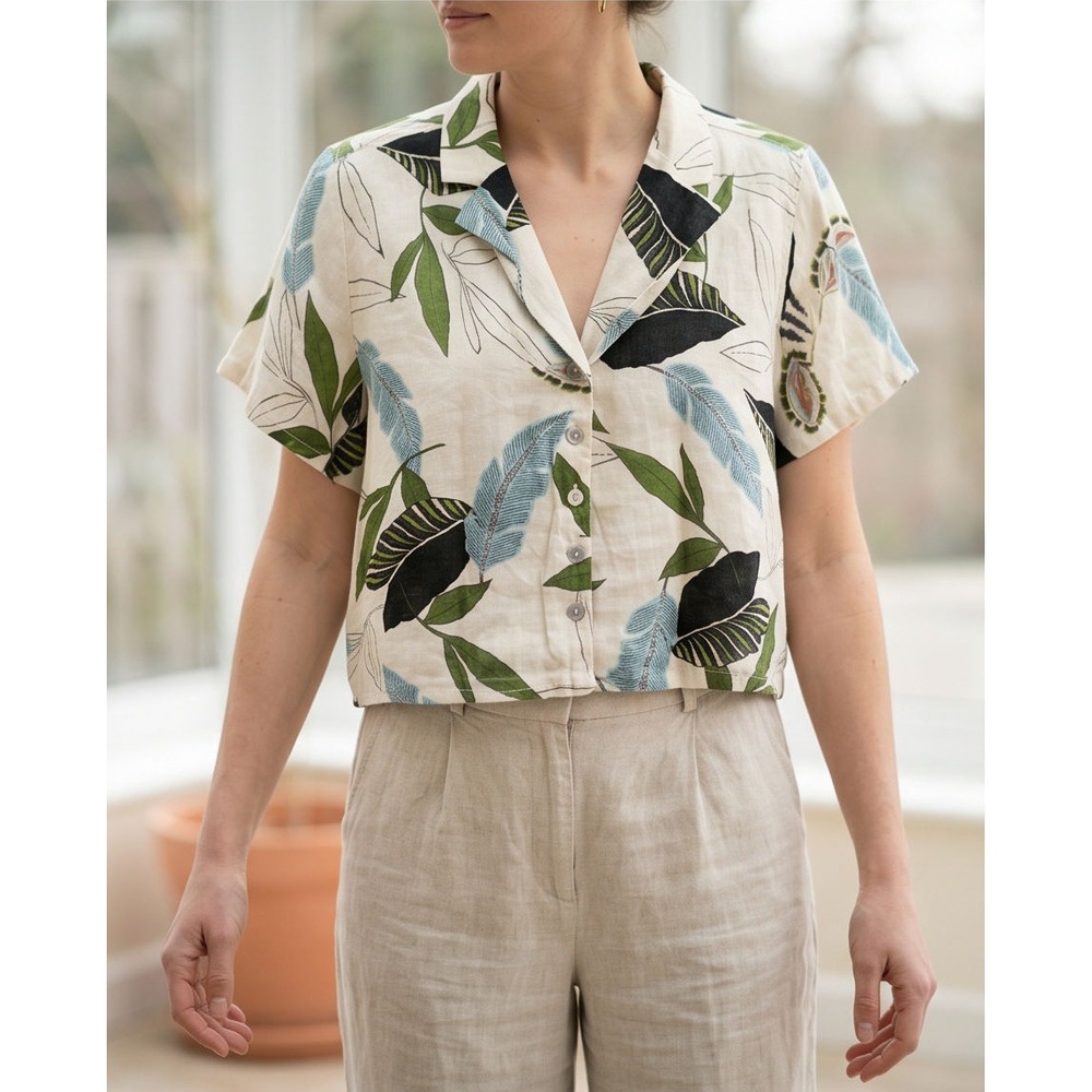 Tahari Womens XL Linen Tropical Leaf Button Front Crop Shirt Cream Green Blue